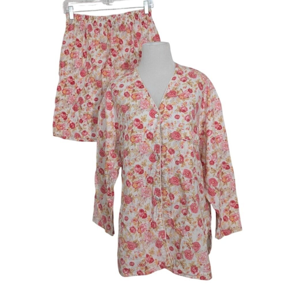 Victorias Secret Gold Label Pajama Set Womens Size Medium White Flannel Floral